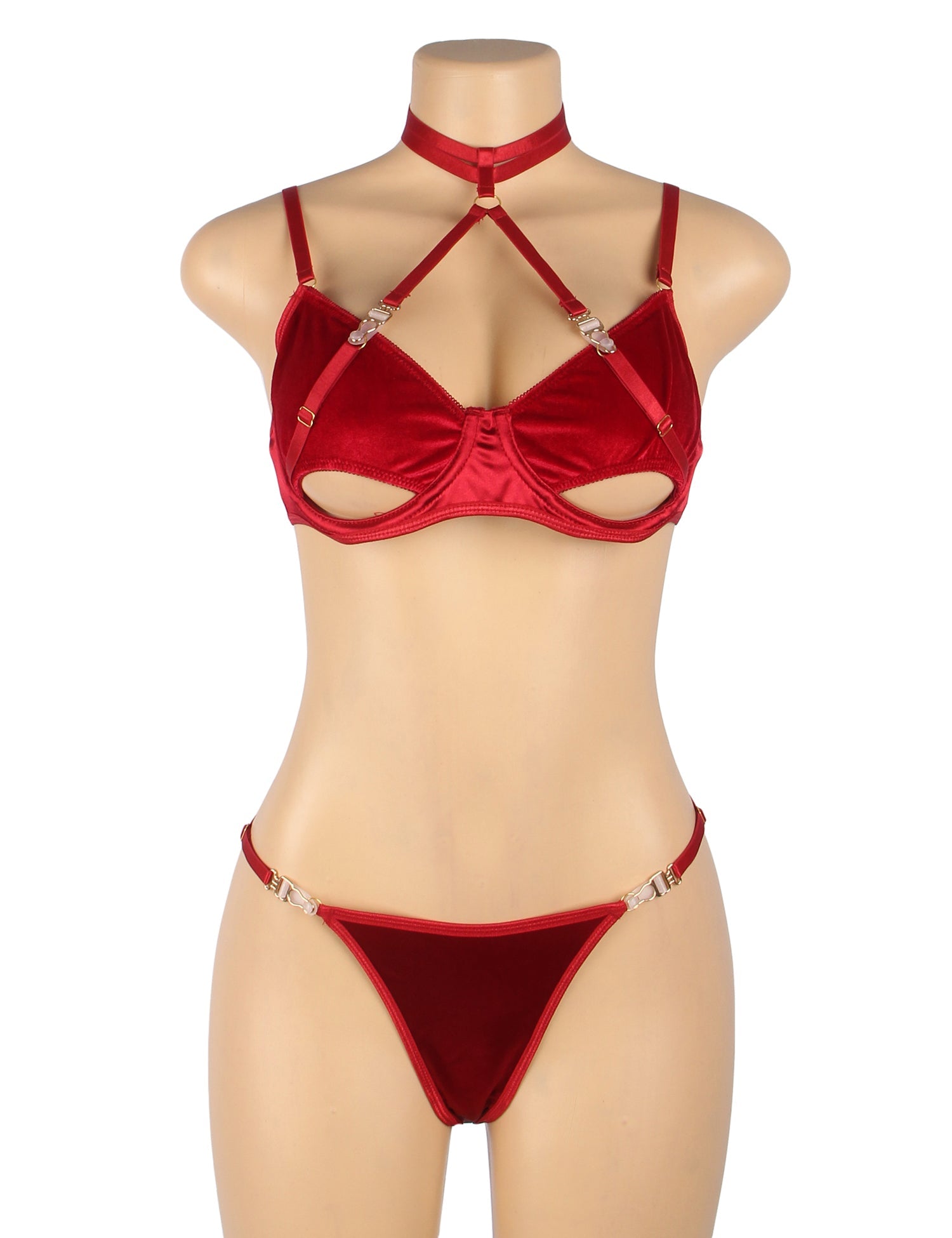 Red Velvet Lingerie Set Halter Bra & See-Through Design