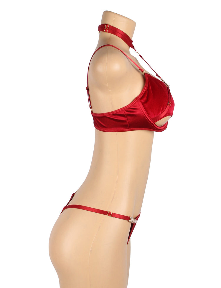 Red Velvet Lingerie Set Halter Bra & See-Through Design