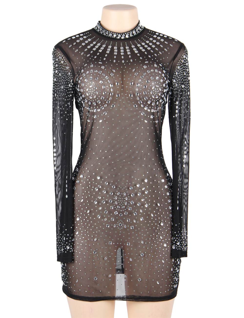 Rhinestone Mesh Bodycon Dress Black Long Sleeve Sexy