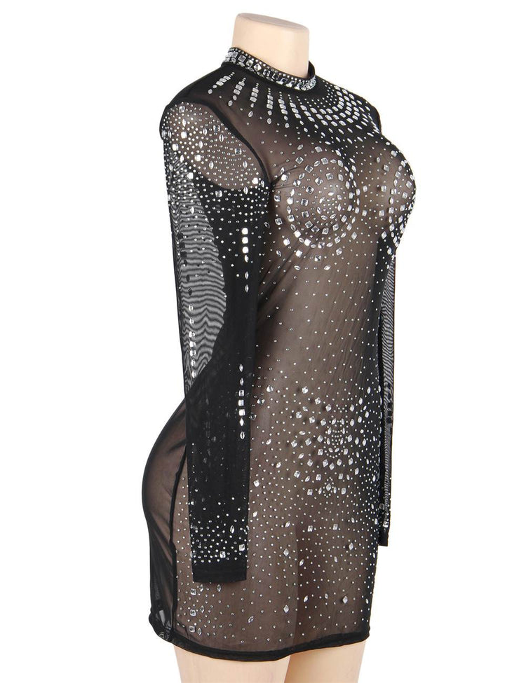 Rhinestone Mesh Bodycon Dress Black Long Sleeve Sexy