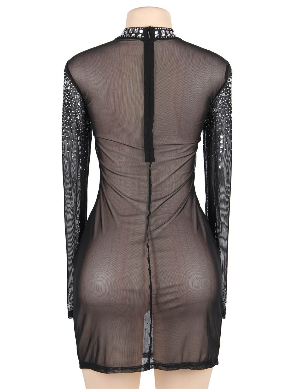 Rhinestone Mesh Bodycon Dress Black Long Sleeve Sexy