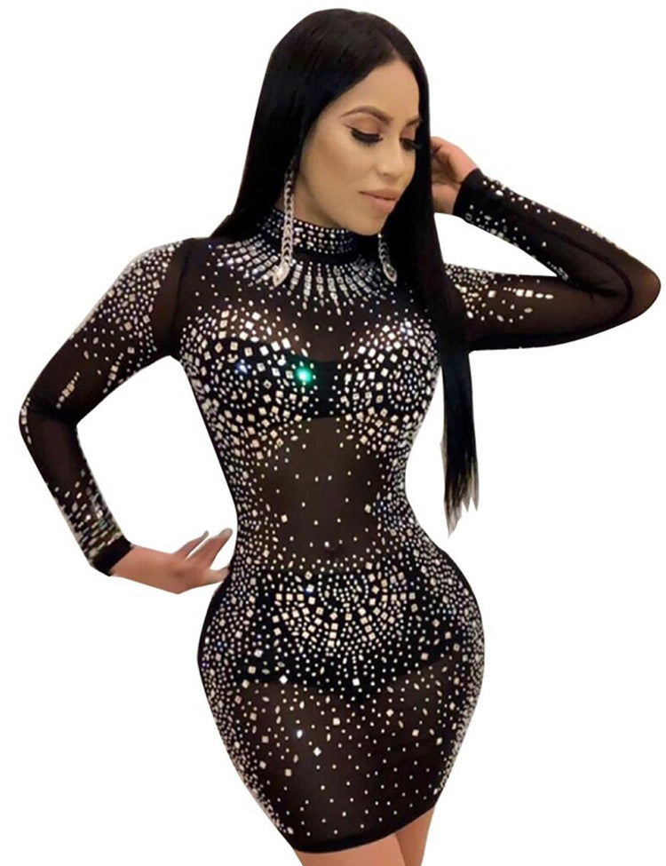 Rhinestone Mesh Bodycon Dress Black Long Sleeve Sexy