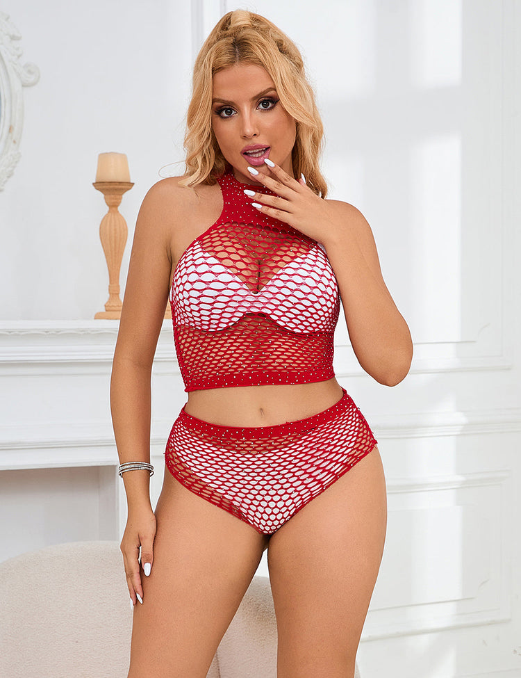 See-Through Red Bikini Fishnet Beachwear Set