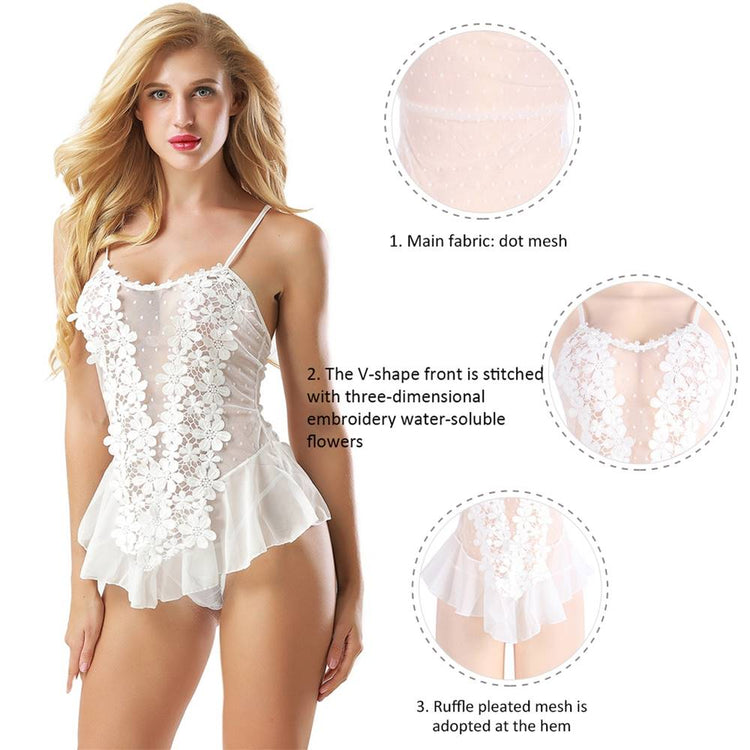 See-Through White Babydoll Dotted Lace Stereoscopic Flowers