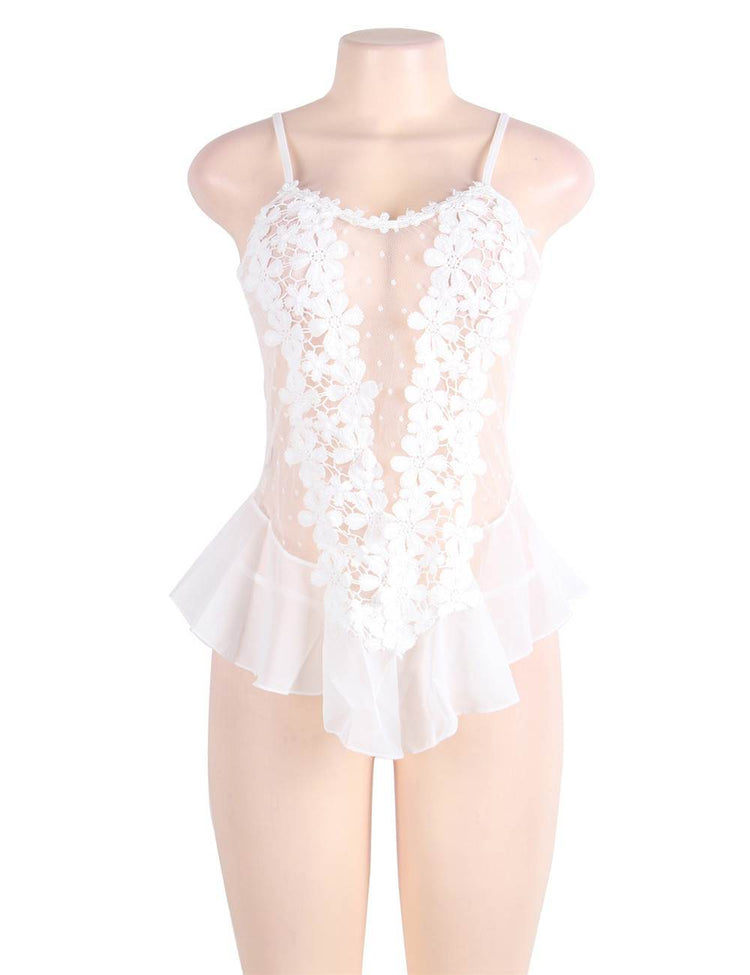 See-Through White Babydoll Dotted Lace Stereoscopic Flowers