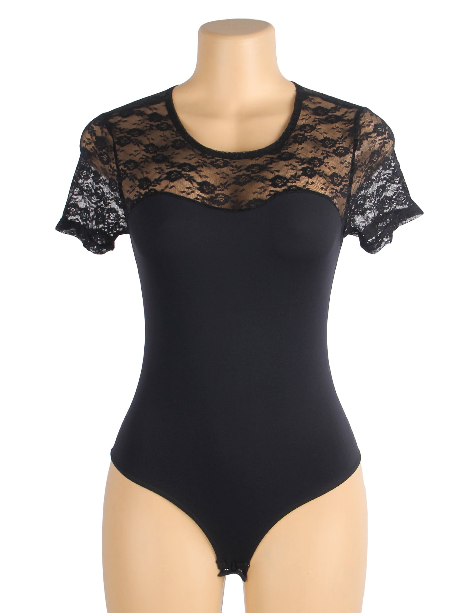 Sexy Black Lace Bodysuit Short Sleeve Open Crotch