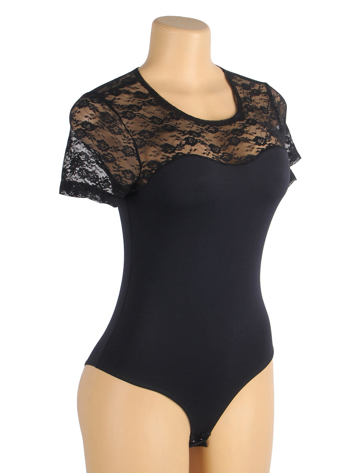 Sexy Black Lace Bodysuit Short Sleeve Open Crotch