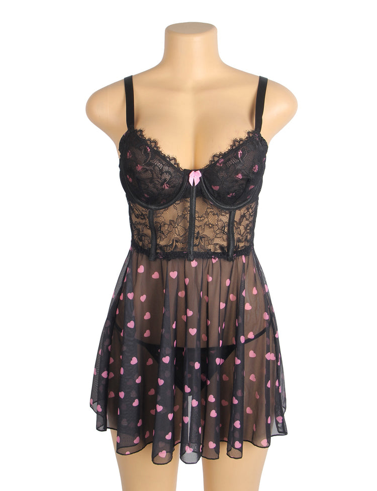 Sexy Black Lace Nightdress with Heart Design