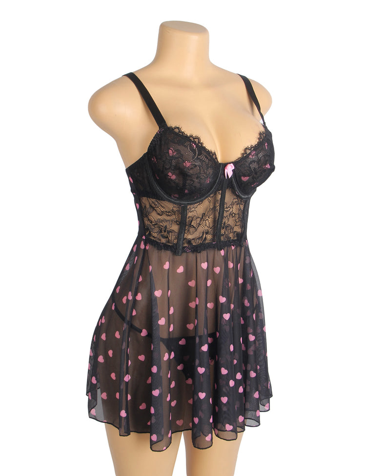 Sexy Black Lace Nightdress with Heart Design