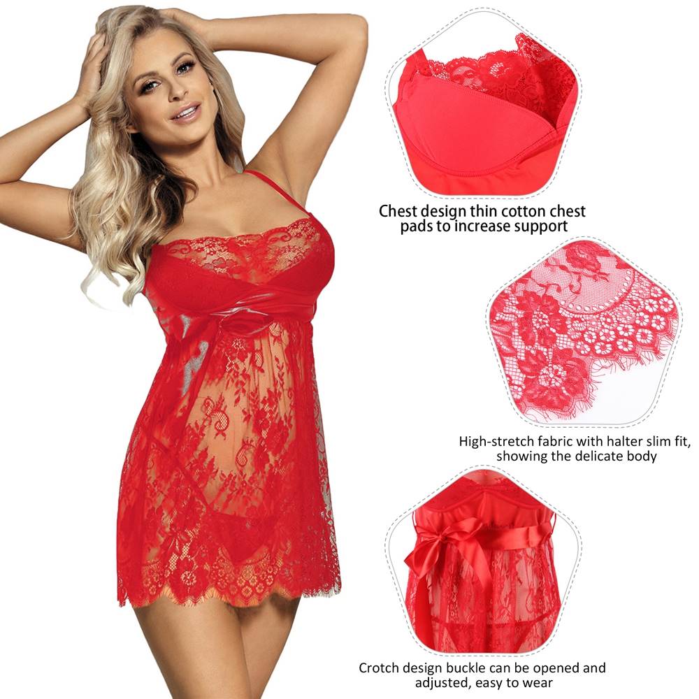 Sexy Eyelash Lace Nightdress Red with Chest Pad