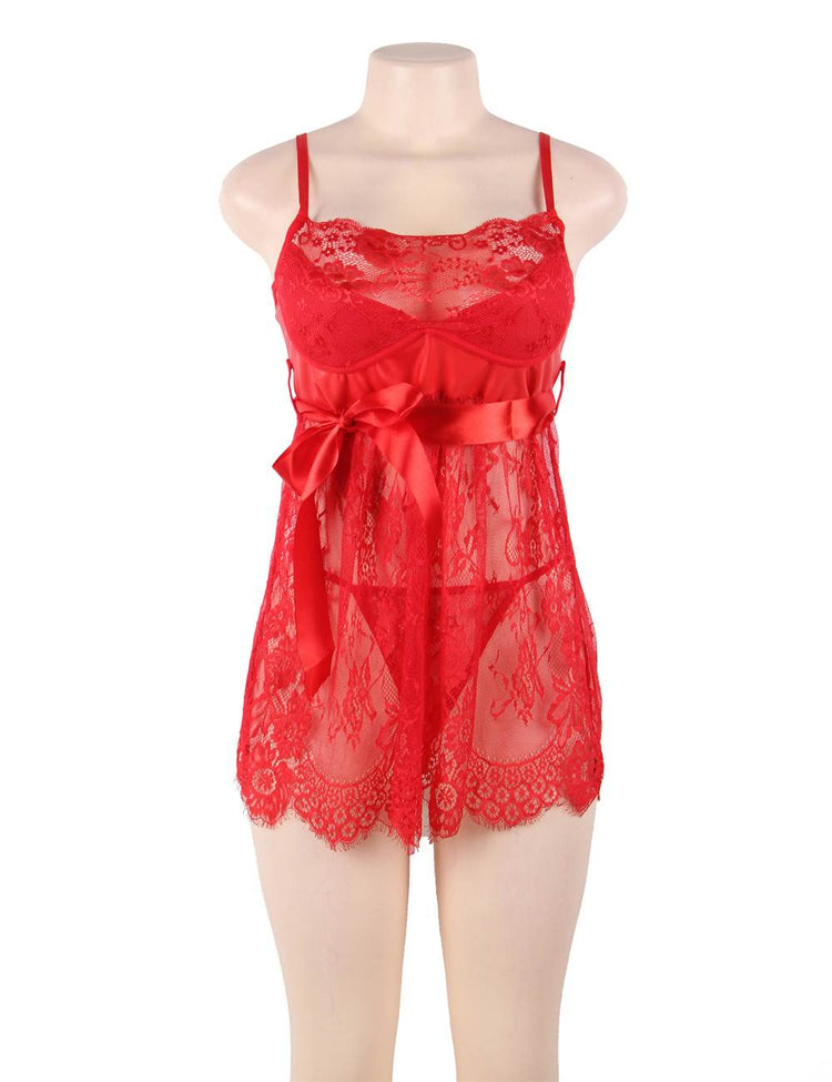 Sexy Eyelash Lace Nightdress Red with Chest Pad