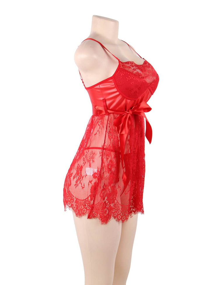 Sexy Eyelash Lace Nightdress Red with Chest Pad