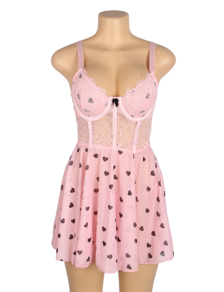 Sexy Lace Nightdress Pink Heart Print and Playful Design