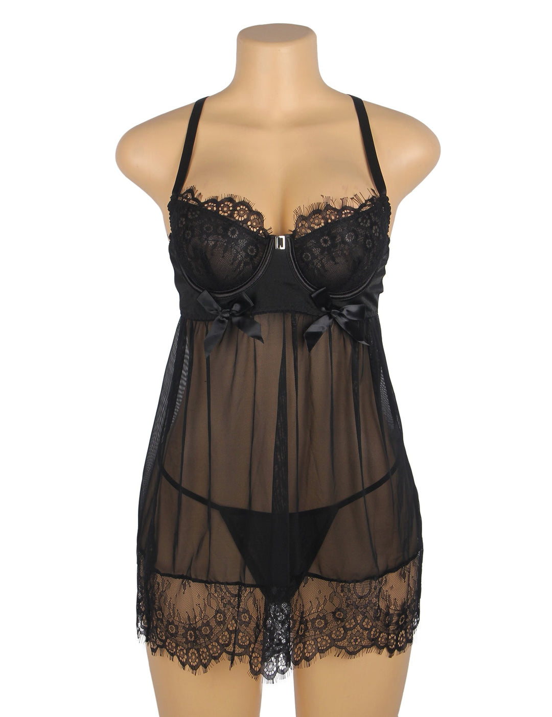 Sexy Mesh Nightdress Black Eyelash Lace Push-Up