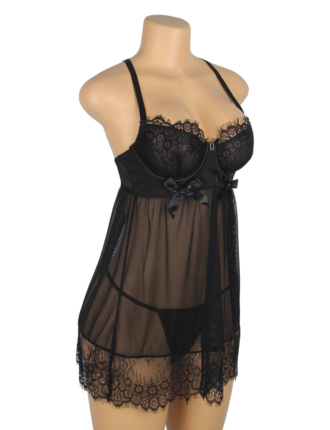 Sexy Mesh Nightdress Black Eyelash Lace Push-Up