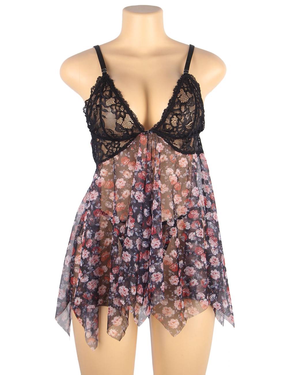 Sexy Nightdress Black Floral Mesh Front Slit Babydoll