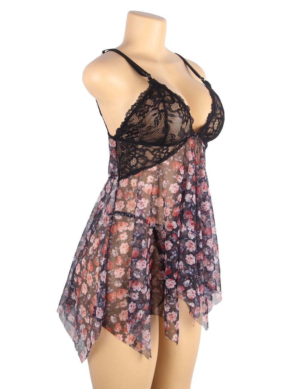 Sexy Nightdress Black Floral Mesh Front Slit Babydoll