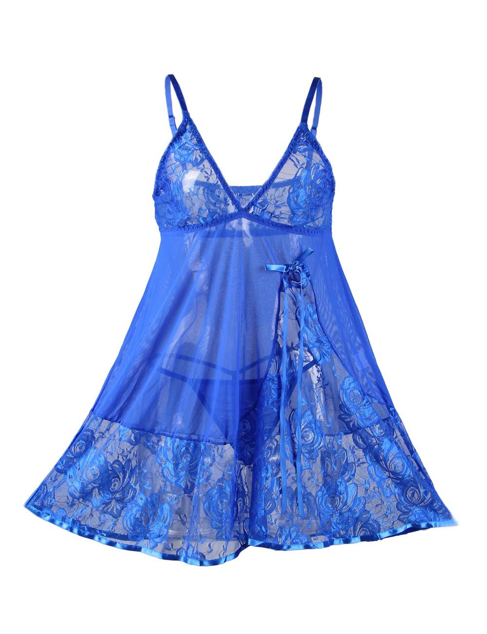 Sexy Nightdress Blue Plus Size Lace Lingerie Dress