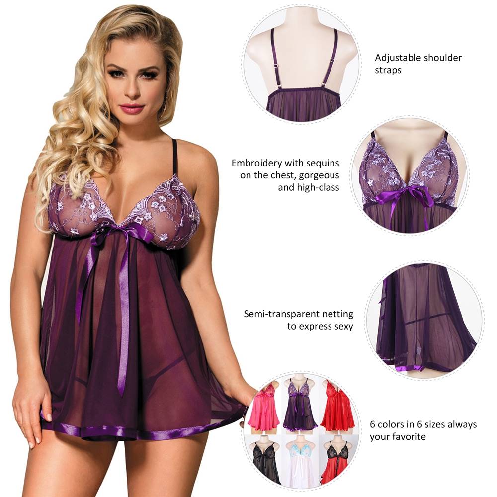 Sexy Nightdress Dark Purple See-Through Rhinestone