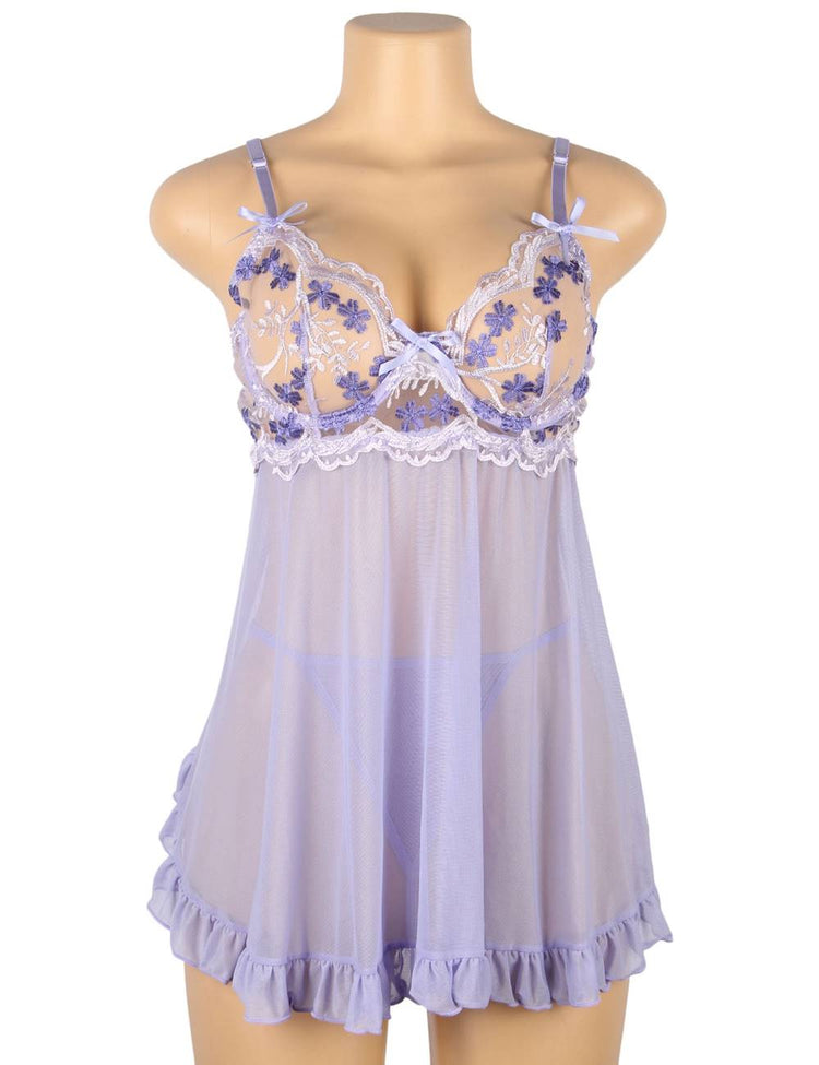 Sexy Nightdress Purple Embroidered Transparent Mesh