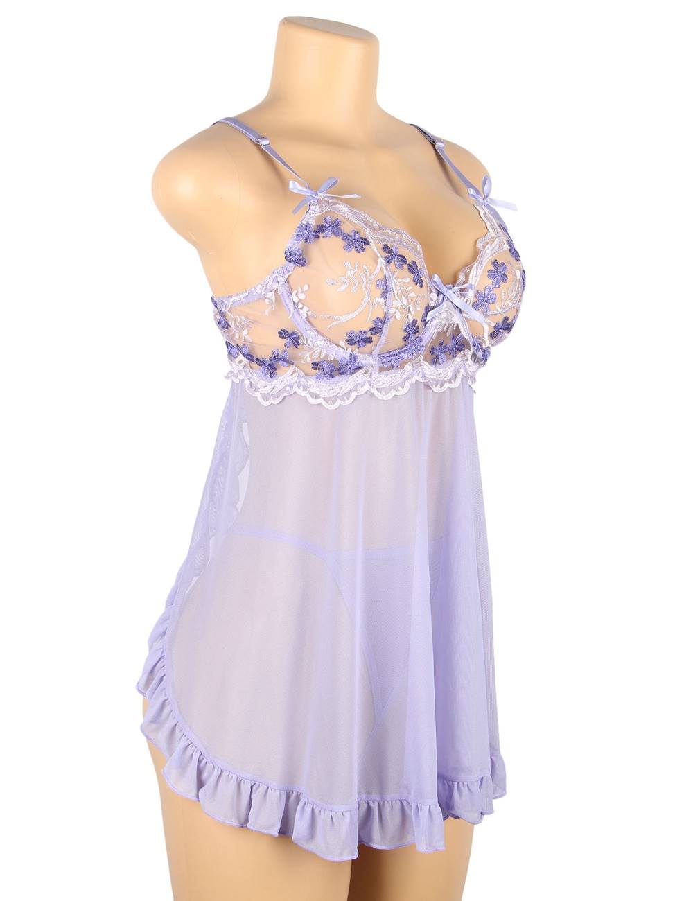 Sexy Nightdress Purple Embroidered Transparent Mesh