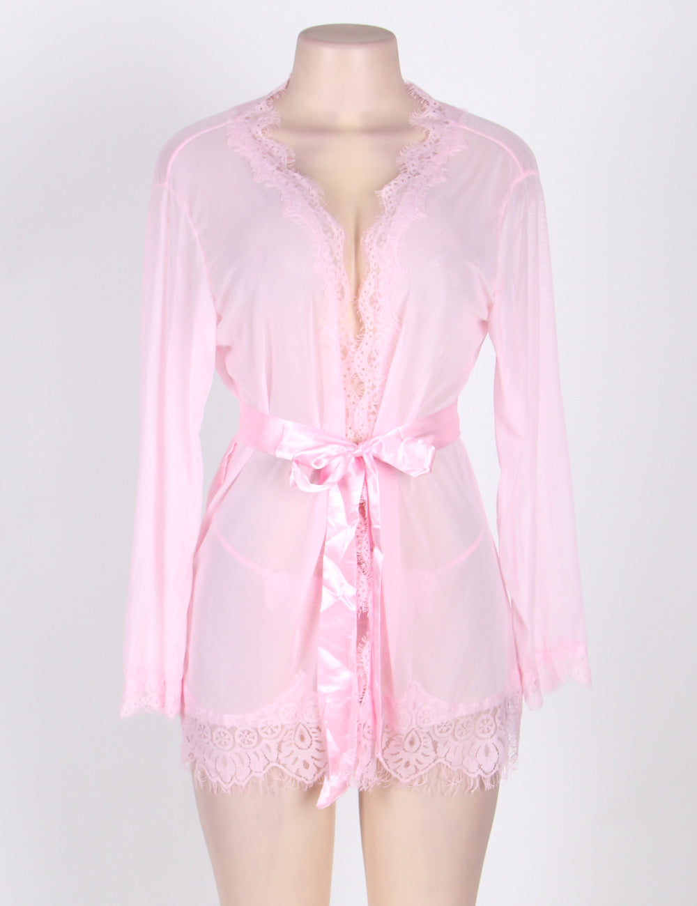 Sexy Pink Sheer Robe with Lace Trim and G-string