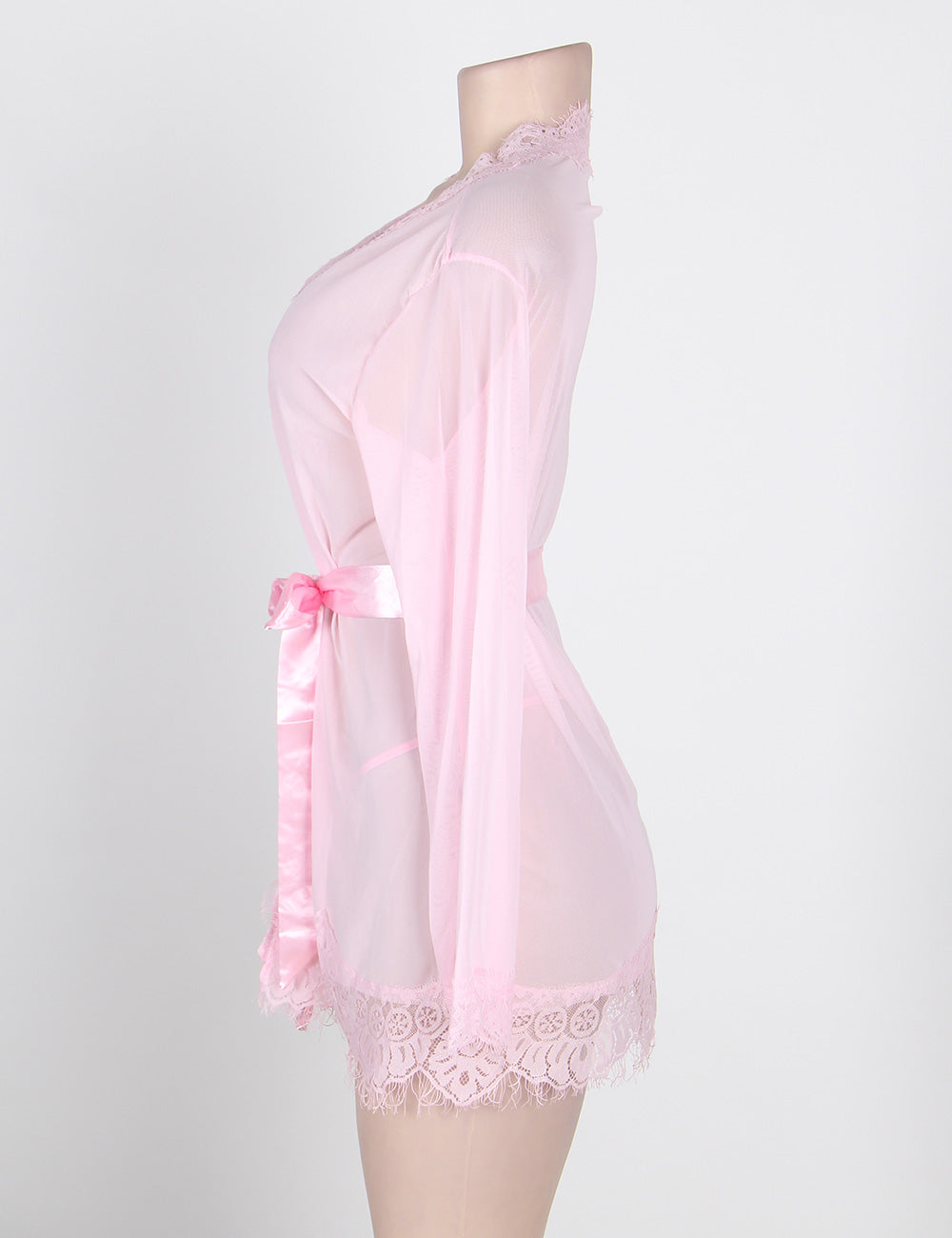 Sexy Pink Sheer Robe with Lace Trim and G-string