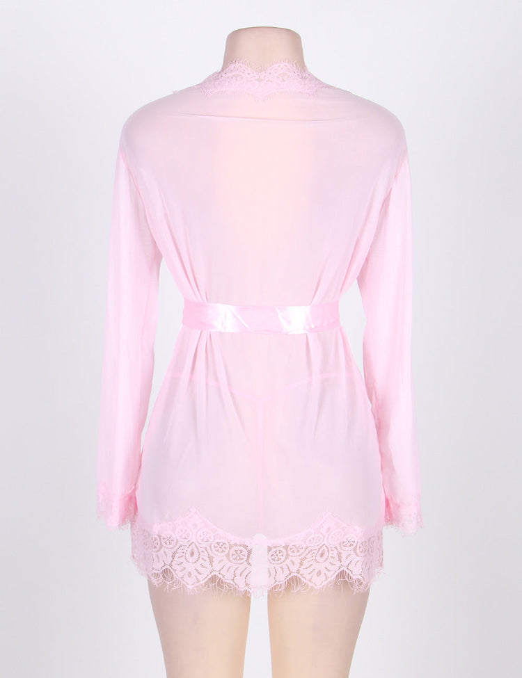 Sexy Pink Sheer Robe with Lace Trim and G-string