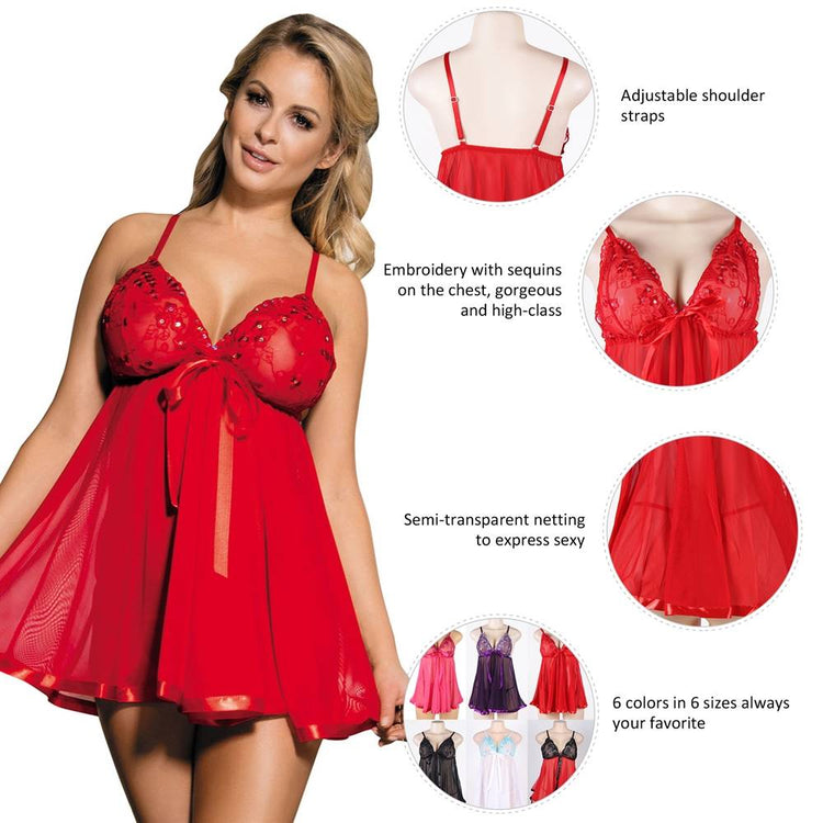 Sexy Red Lace Nightdress with Rhinestone Details