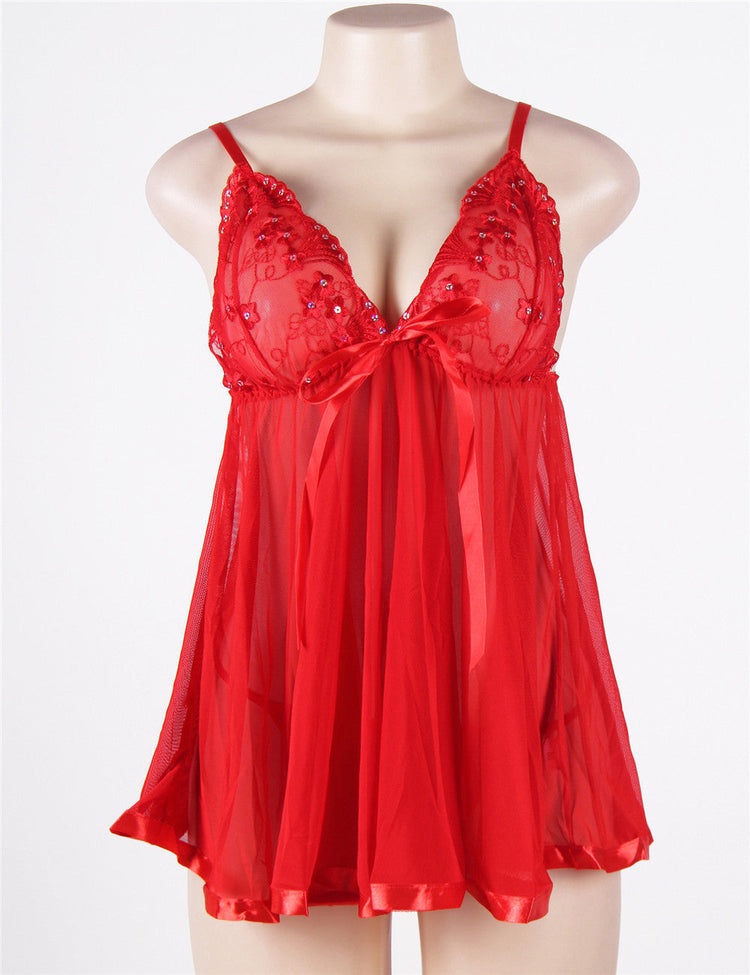 Sexy Red Lace Nightdress with Rhinestone Details