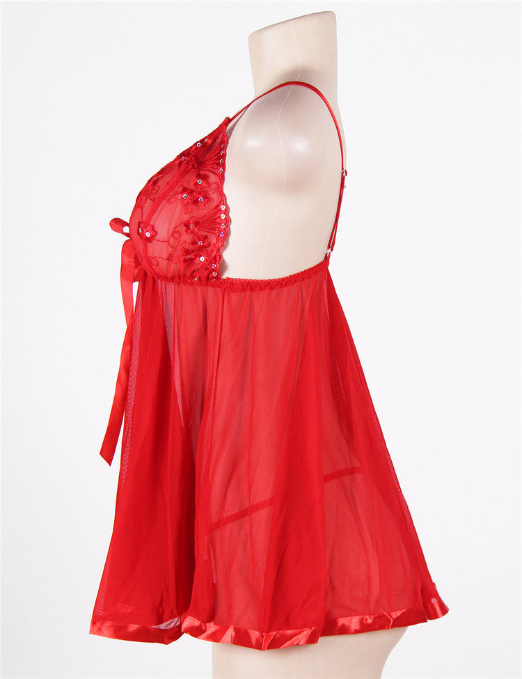 Sexy Red Lace Nightdress with Rhinestone Details