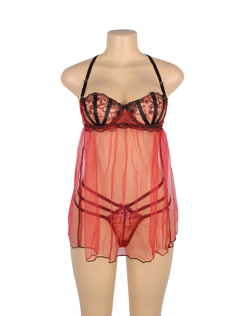 Sexy Sheer Nightdress Red Lace Lingerie Set