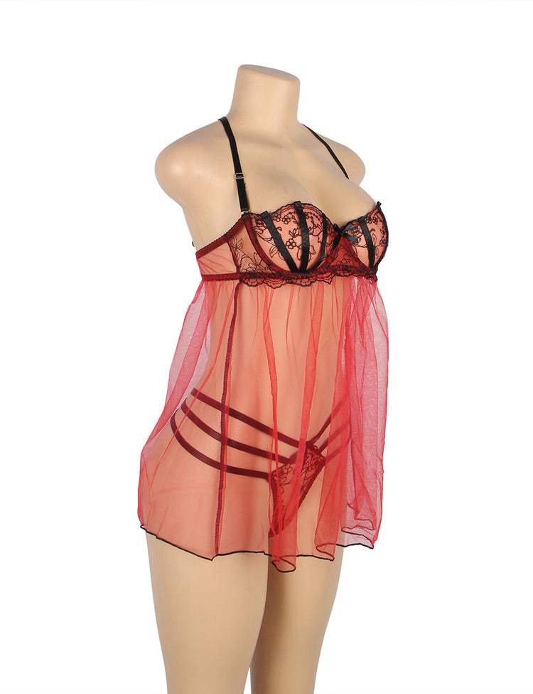 Sexy Sheer Nightdress Red Lace Lingerie Set