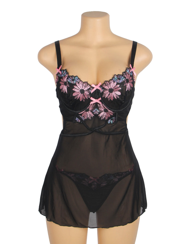 Sexy Suspender Nightdress in Black with Mesh Floral Embroidery