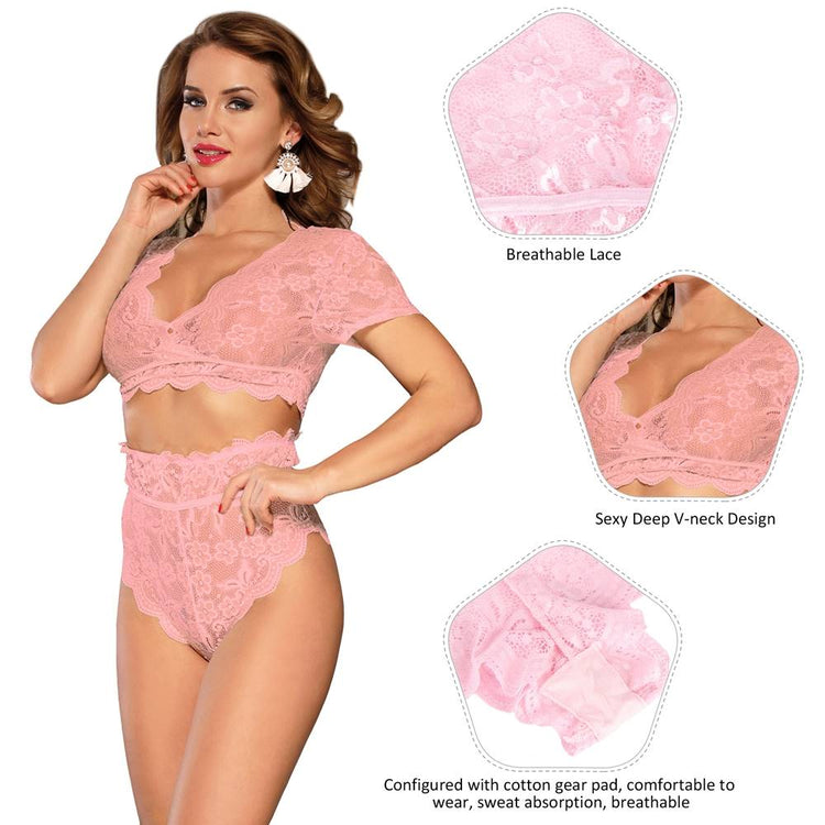 Sexy Teddy Lingerie Pink Lace and Fishnet Design