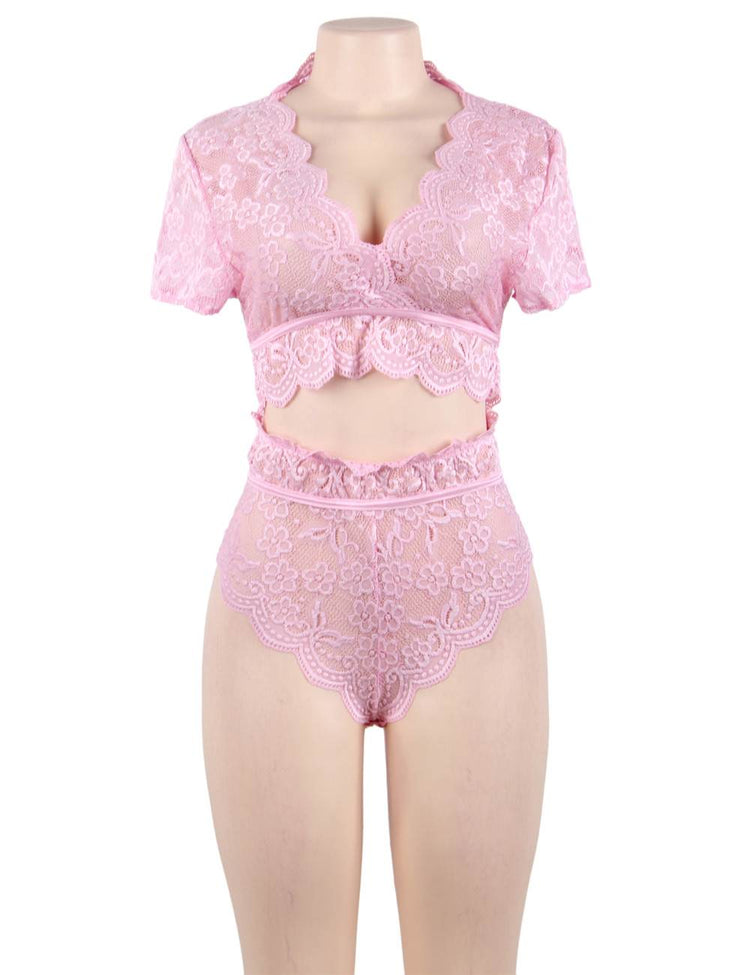 Sexy Teddy Lingerie Pink Lace and Fishnet Design