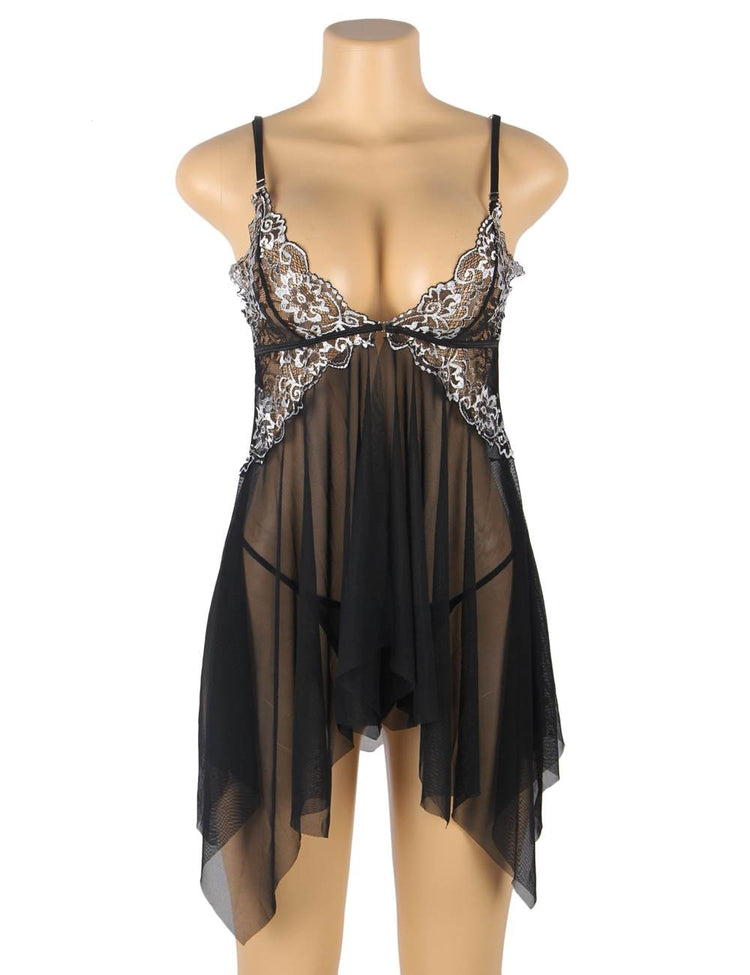 Sheer Black Babydoll Lingerie Dress with Embroidered Detail