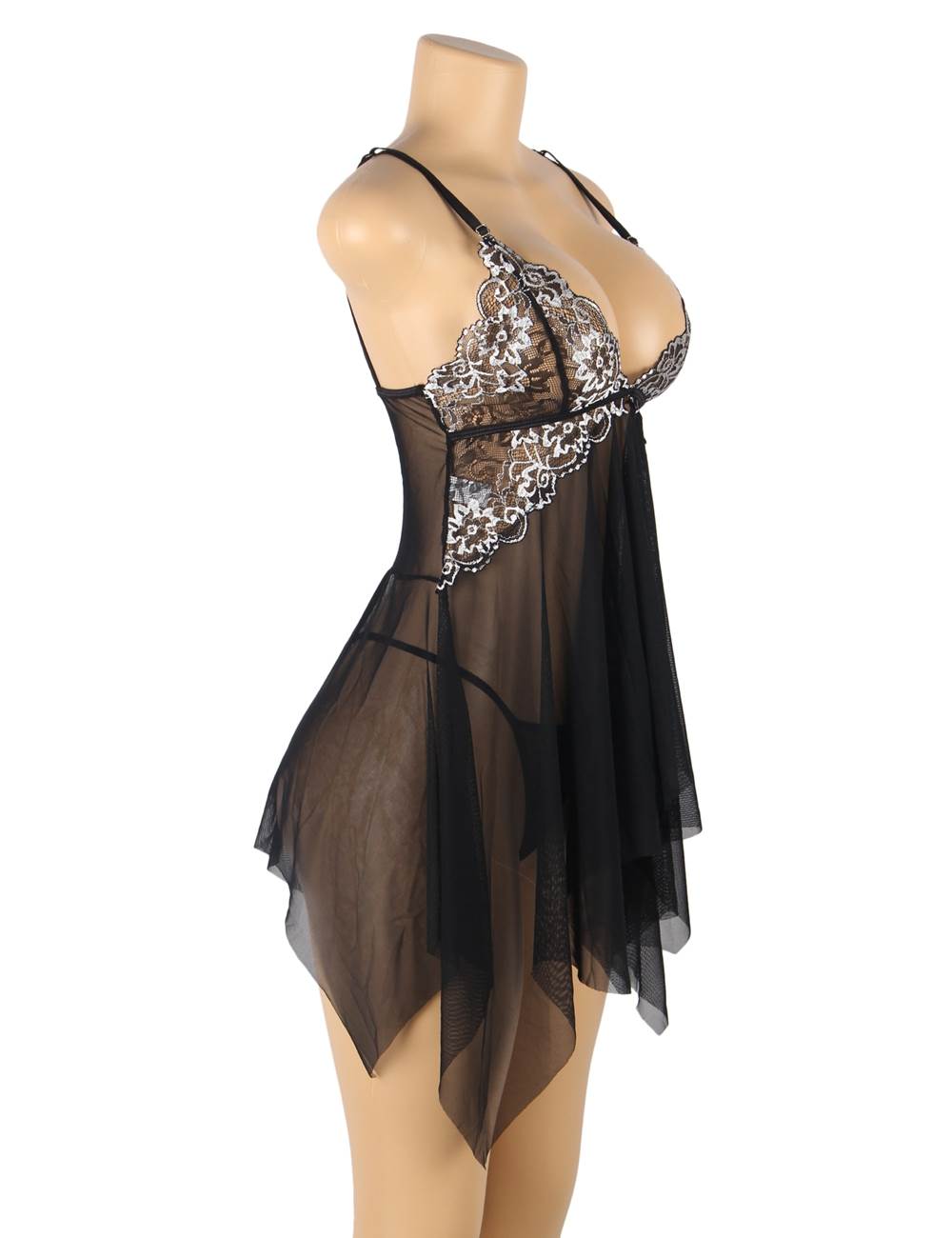 Sheer Black Babydoll Lingerie Dress with Embroidered Detail