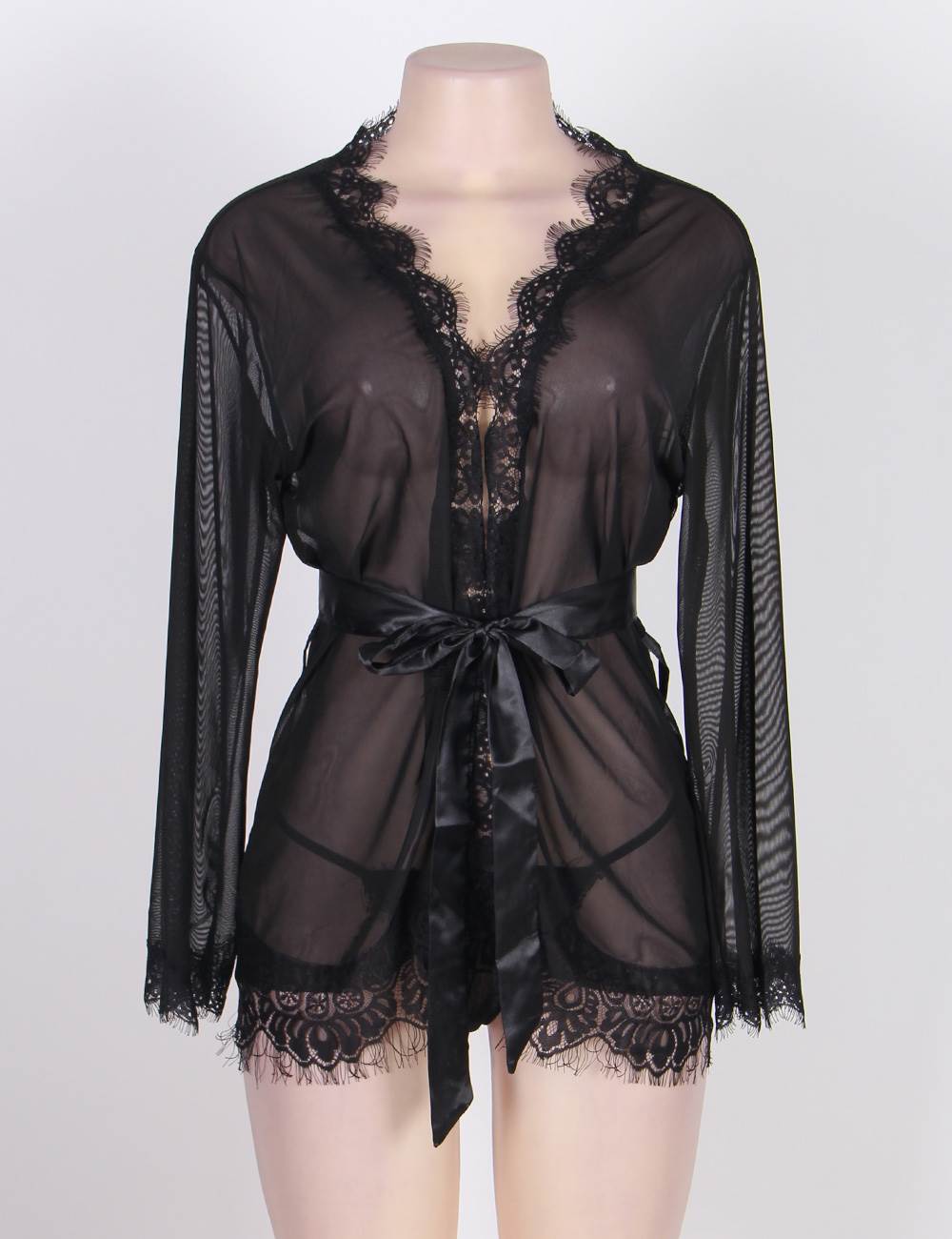 Sheer Black Lace Robe with Belted Design Women's Luxury