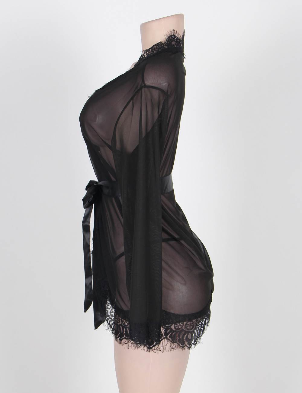 Sheer Black Lace Robe with Belted Design Women's Luxury