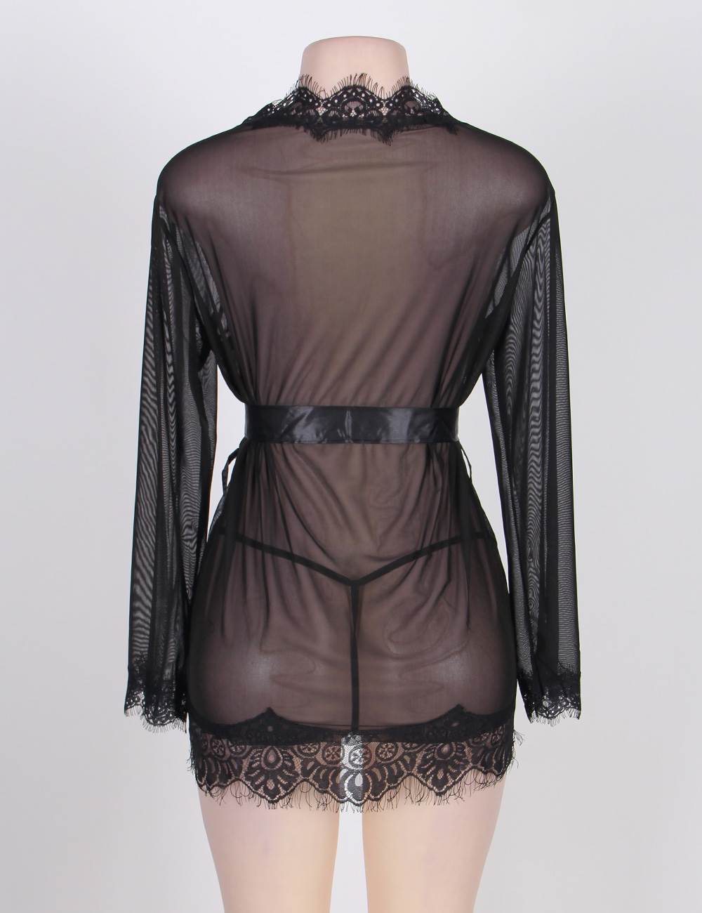 Sheer Black Lace Robe with Belted Design Women's Luxury