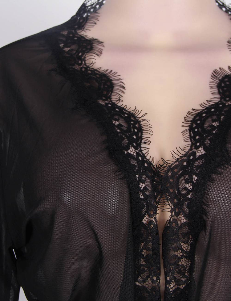 Sheer Black Lace Robe with Belted Design Women's Luxury