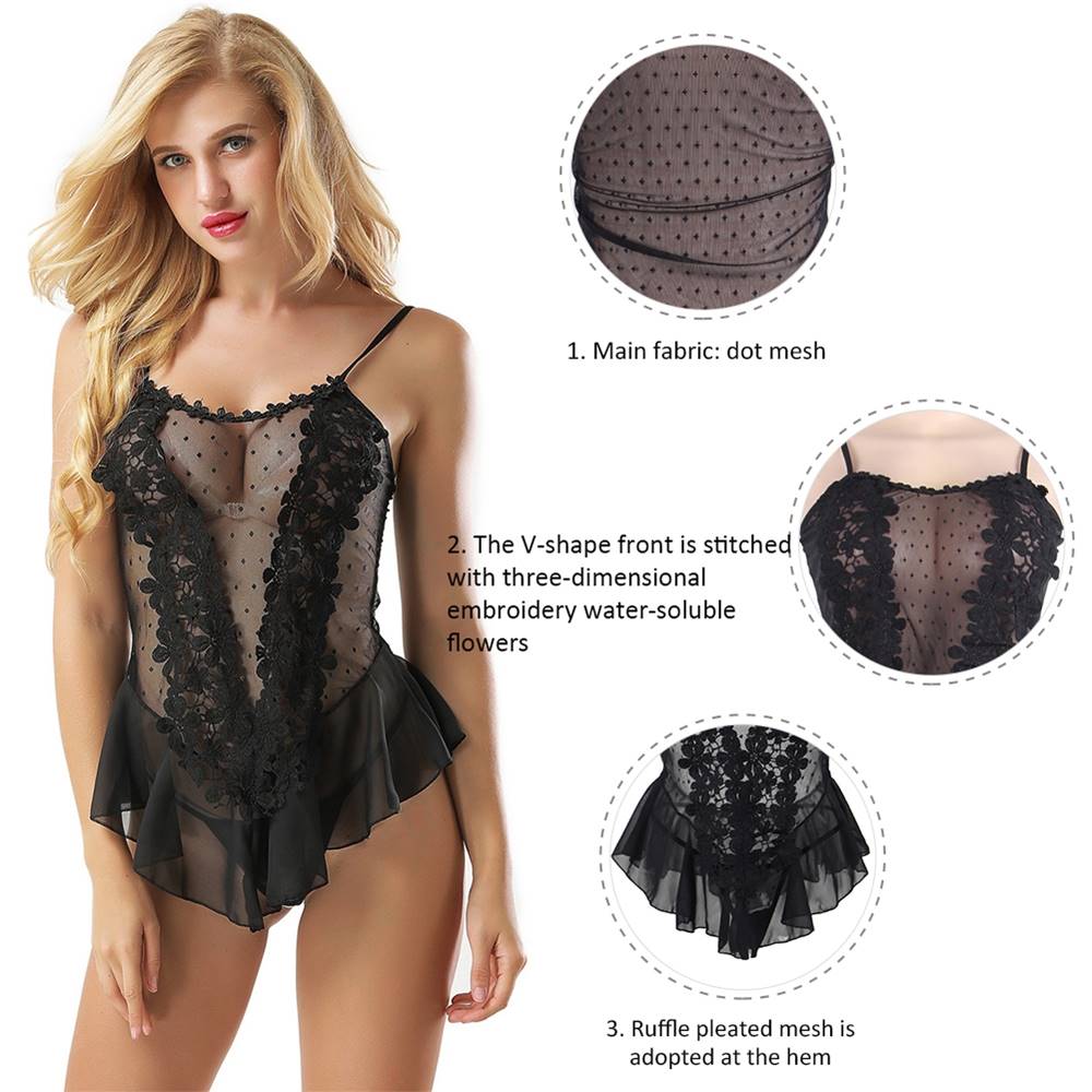 Sheer Black Lingerie Floral Lace Women's Nightwear