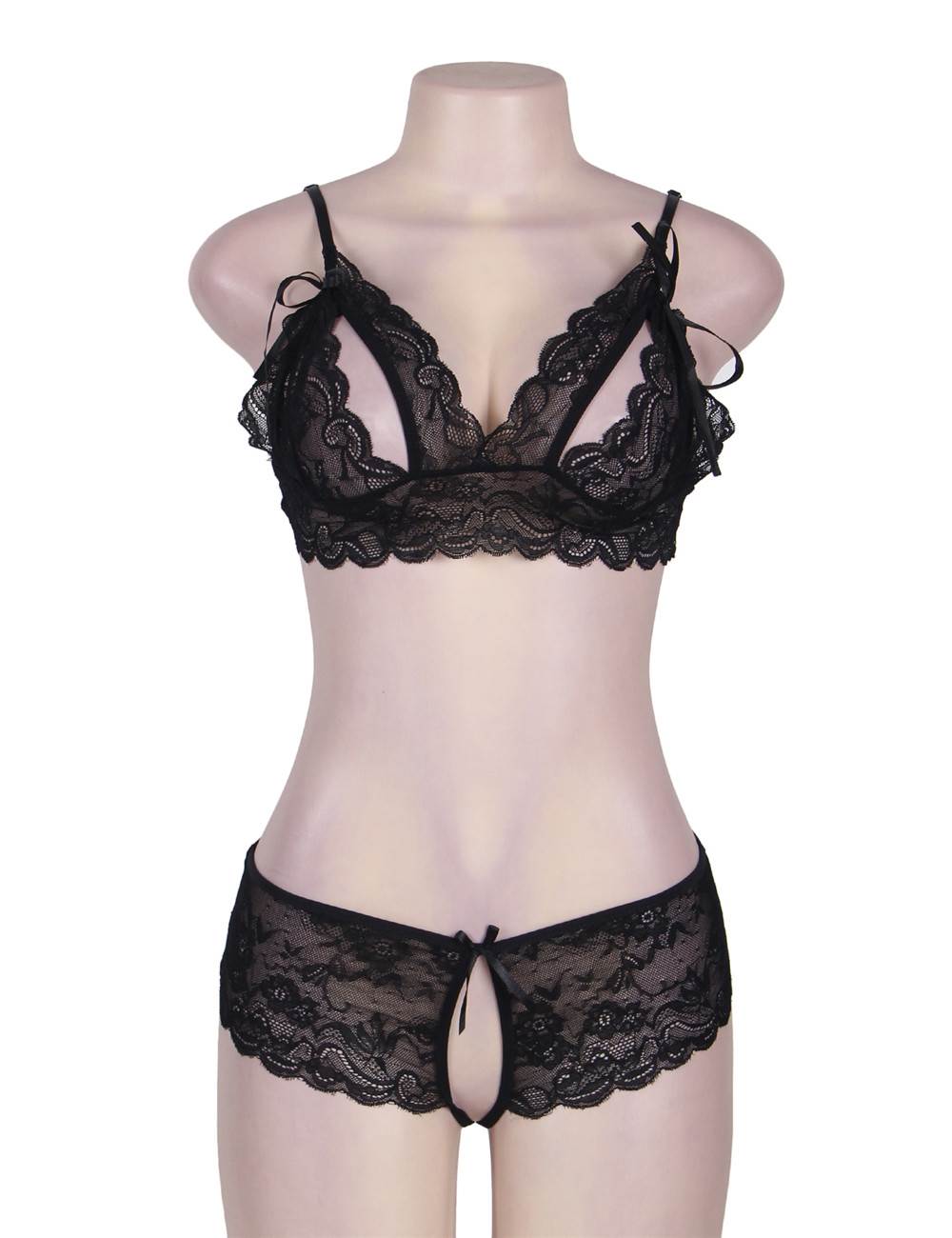 Sheer Lace Bralette Black & Crotchless Panties Set