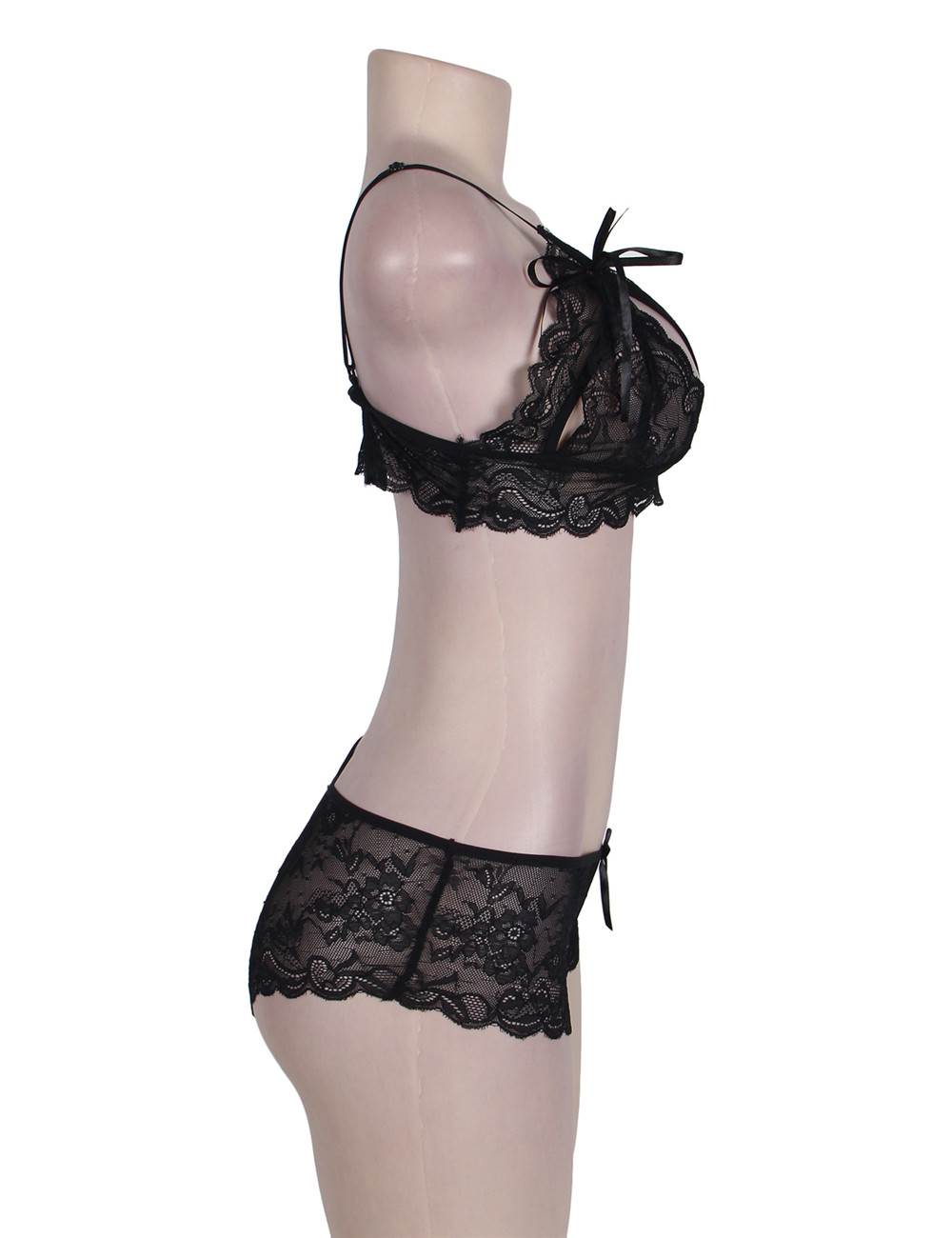 Sheer Lace Bralette Black & Crotchless Panties Set