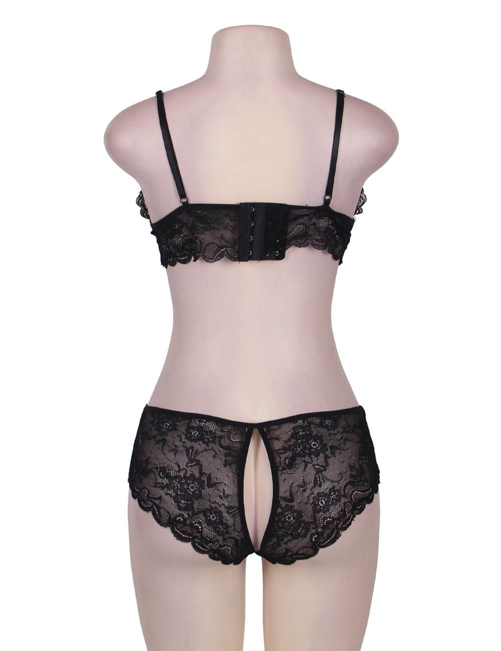 Sheer Lace Bralette Black & Crotchless Panties Set