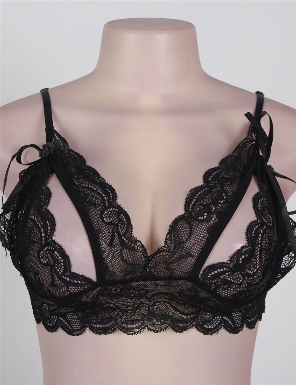 Sheer Lace Bralette Black & Crotchless Panties Set