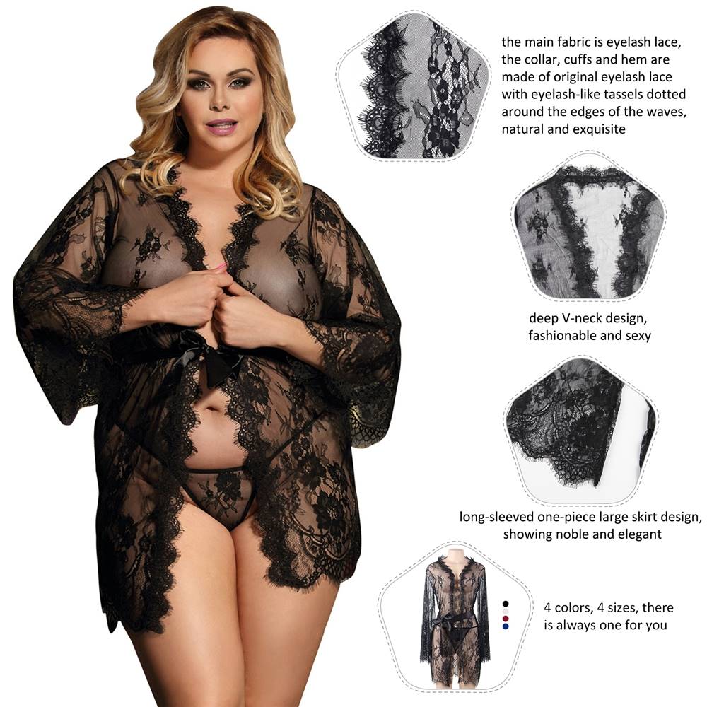 Sheer Lace Robe Black Sexy Nightwear