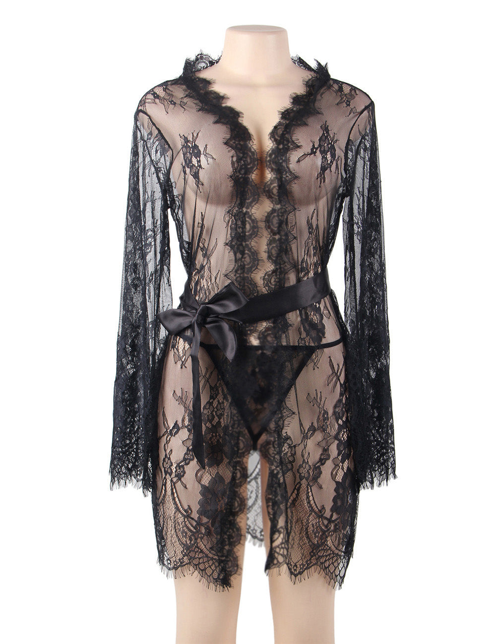 Sheer Lace Robe Black Sexy Nightwear