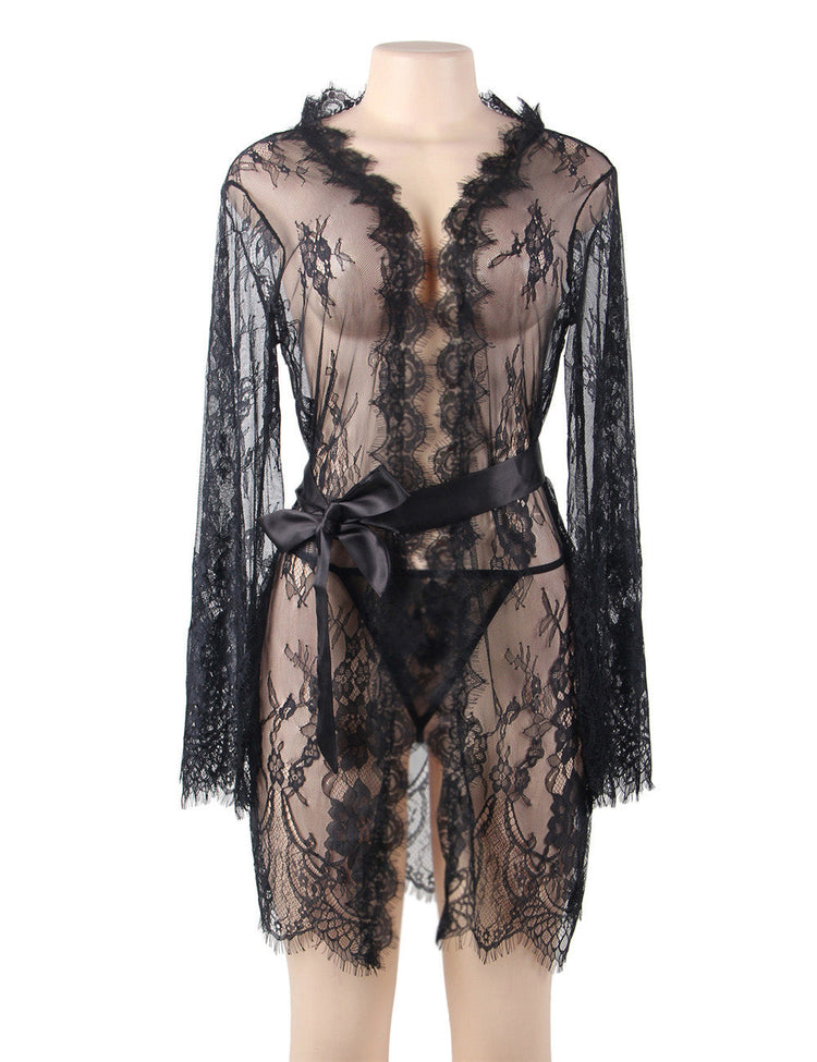 Sheer Lace Robe Black Sexy Nightwear